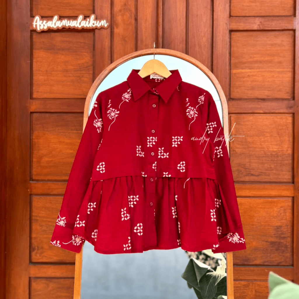 Audry Batik - Alexa - Blouse Batik Kerja Wanita Hijab Modern Motif Batik Kawung Maroon Bata