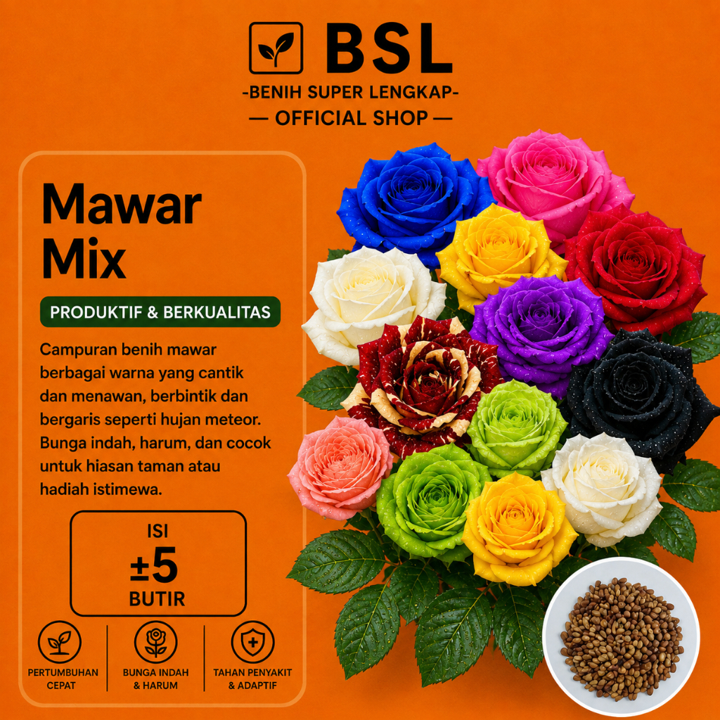 ( 5 Butir ) Benih Biji Bunga Mawar Mix | Mawar Biru | Mawar Pink | UKI BIBIT