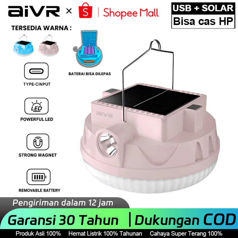 AIVR Lampu Darurat Lampu Emergency LED Tenaga Surya + USB Gantung Camping Solar Panel Lampu Darurat 