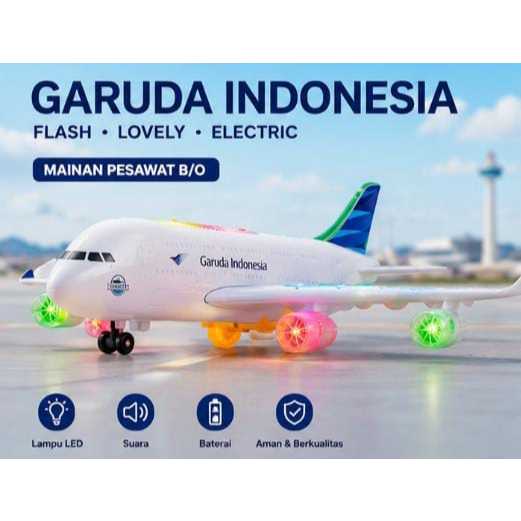 Mainan Pesawat Garuda Indonesia LED Musik Lampu Warna, Suara Mesin Pesawat Garuda
