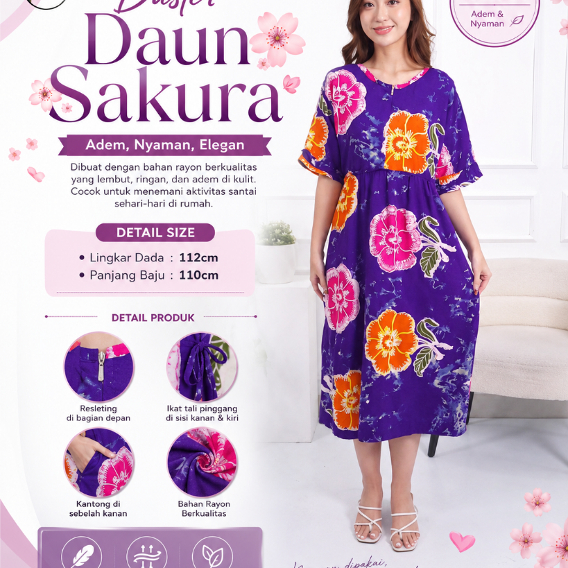 Baju Tidur Daster Batik Daun Sakura Busui Resleting Tangan Remple Motif Sunan Terbaru Rayon Cetak Al