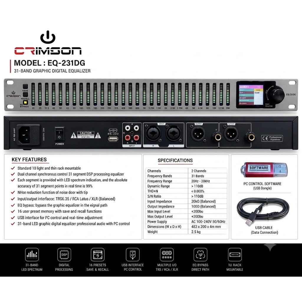 Digital Equalizer Crimson EQ-231DG 31Band Graphic Digital EQUALIZER + PC Control Software (USB Dongl
