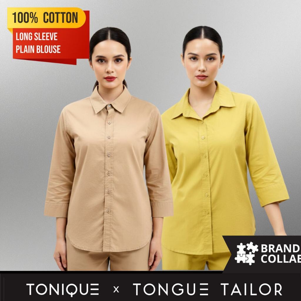 TONIQUE Kemeja Wanita Katun Lengan Panjang Reguler Fit SAINT & Celana Katun LAURENT Warna Beige, Mus
