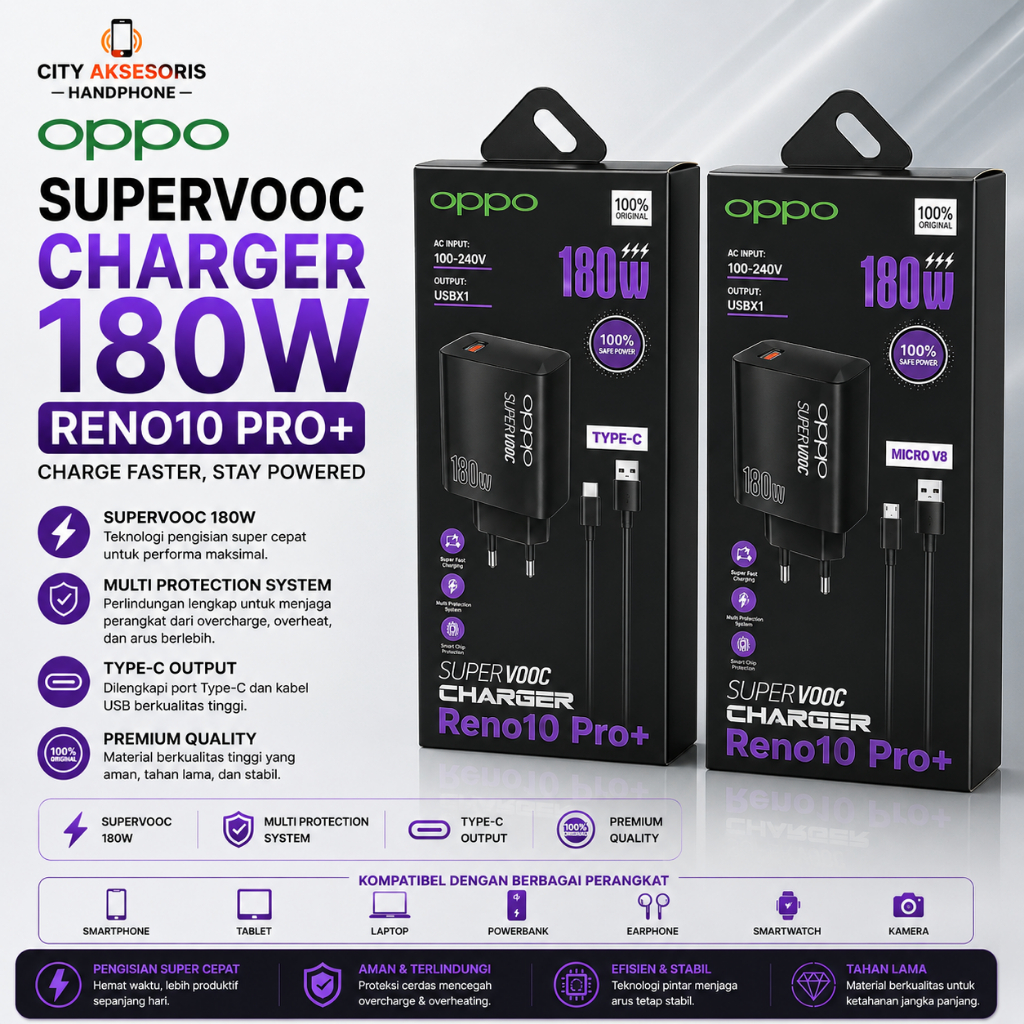 Casan hp Oppo Reno 10 Pro+ Vooc 180W Micro Tipe Carjer hp Android Tipe C SUPER VOOC
