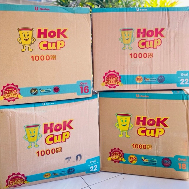 1 DUS (1 KARTON/1000pcs) Gelas Plastik Hok Cup Oval 12oz, 14oz, 16oz, 18oz, 22oz Isi 20 Slop Tebal M
