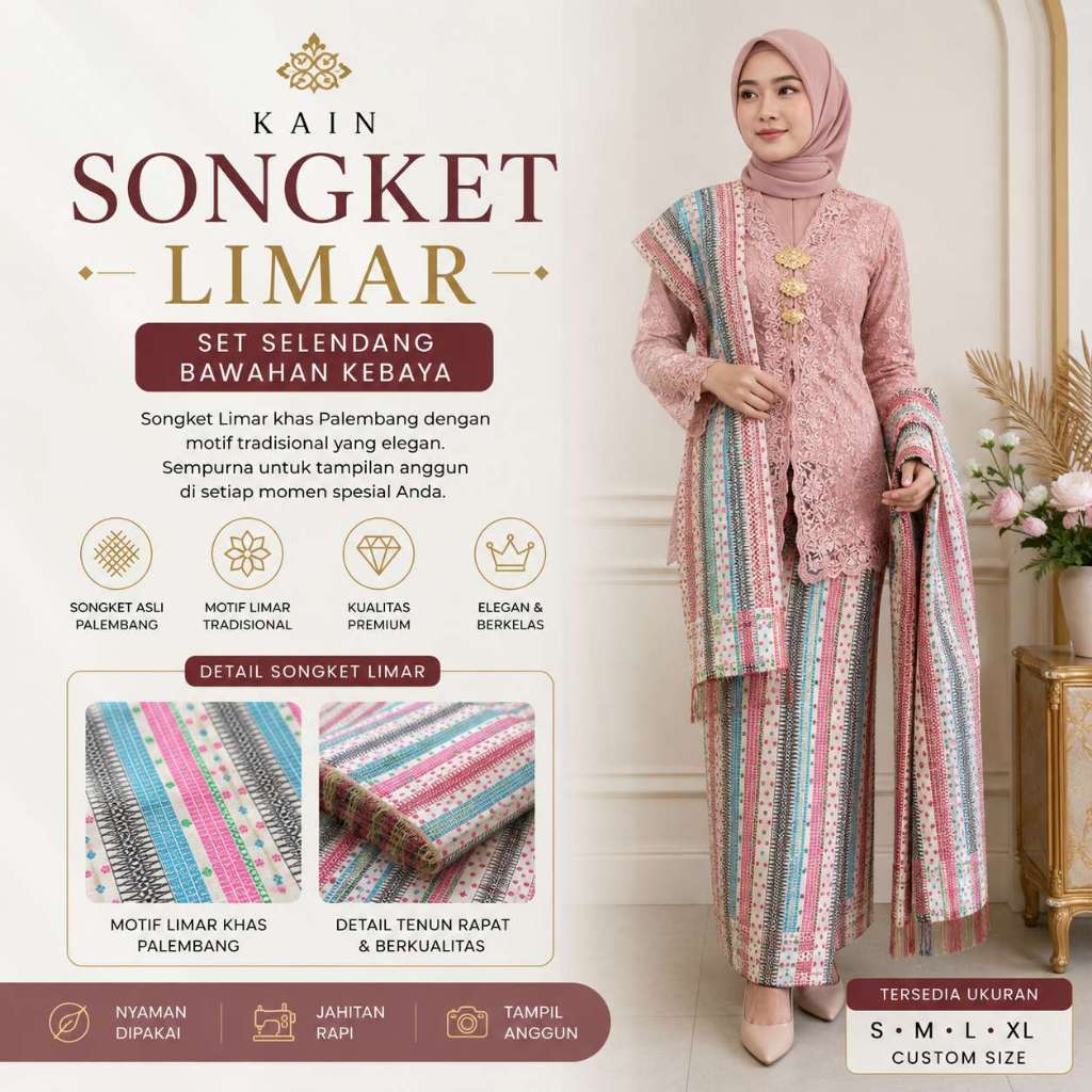 Kain Songket Limar Palembang Kiagus Songket Set Selendang - Bawahan Kebaya Pesta Kondangan Mewah - R