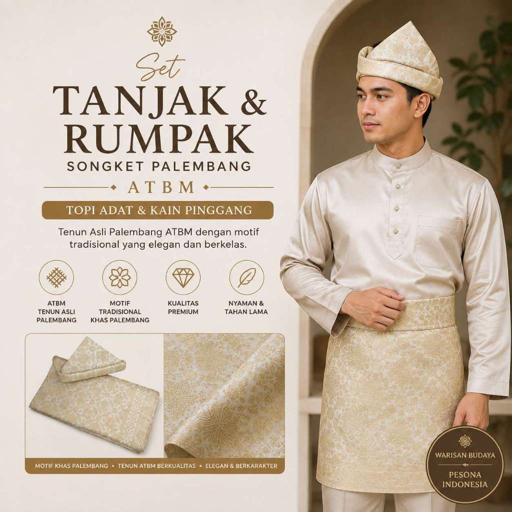 Tino Songket - Set Tanjak dan Rumpak Songket Palembang ATBM - Topi Adat & Kain Pinggang Pria Mewah -