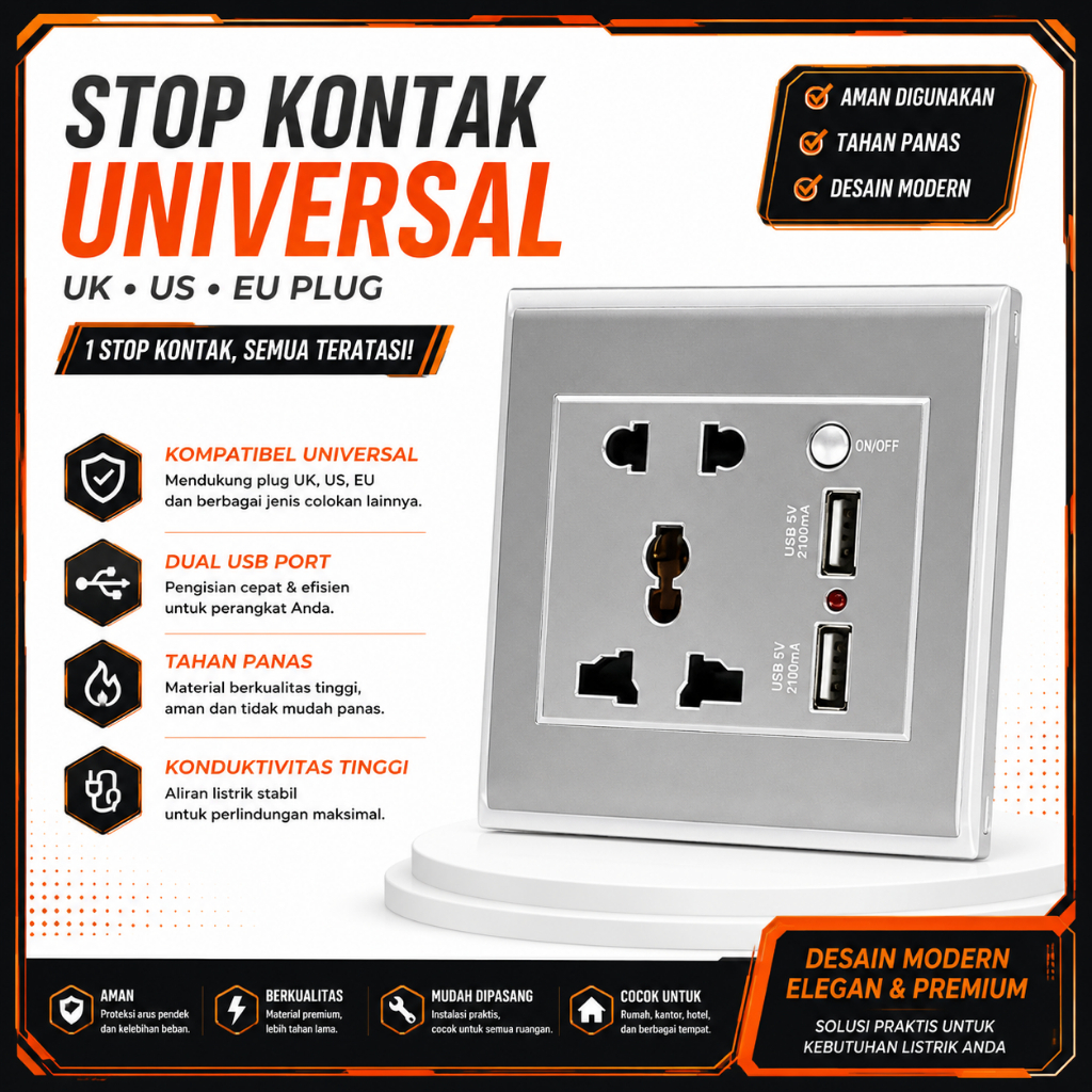 Stop Kontak Dinding EU Colokan Listrik Dinding dan 2 Port USB 2100 mA