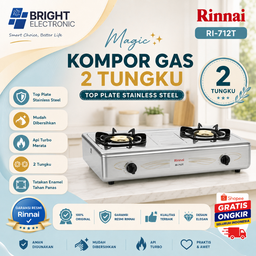 Kompor Gas Rinnai 2 Tungku RI 712T/RI-712T/Kompor Gas Rinnai 2 Tungku ORIGINAL BERGARANSI RESMI