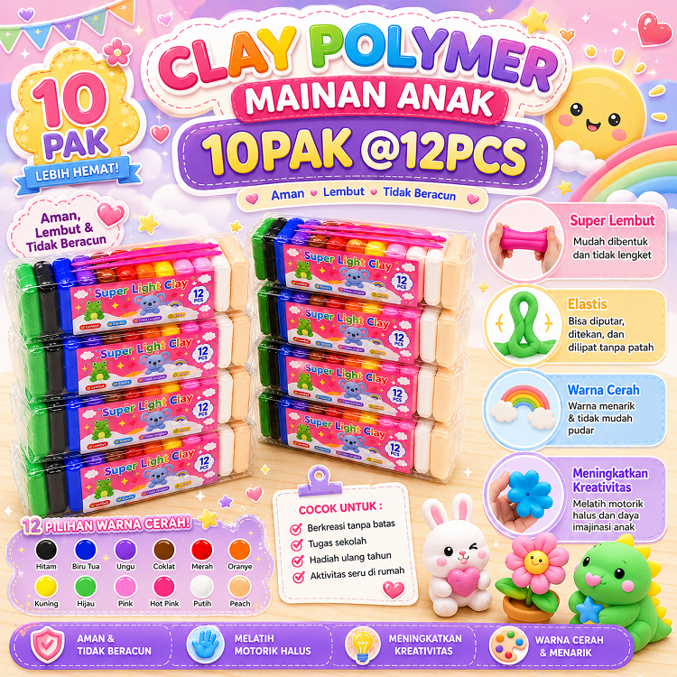 Clay Polymer Mainan Anak Super Light Clay 10 Pak Paket Grosir