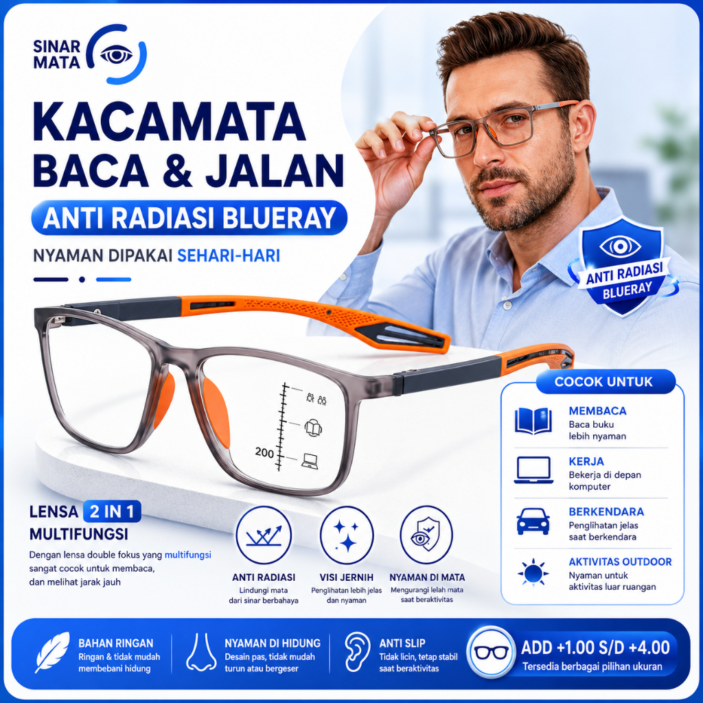Kacamata Baca Dan Jalan Fokus Lensa Plus Auto Focus Anti Radiasi Sport Glasses Unisex Original Premi