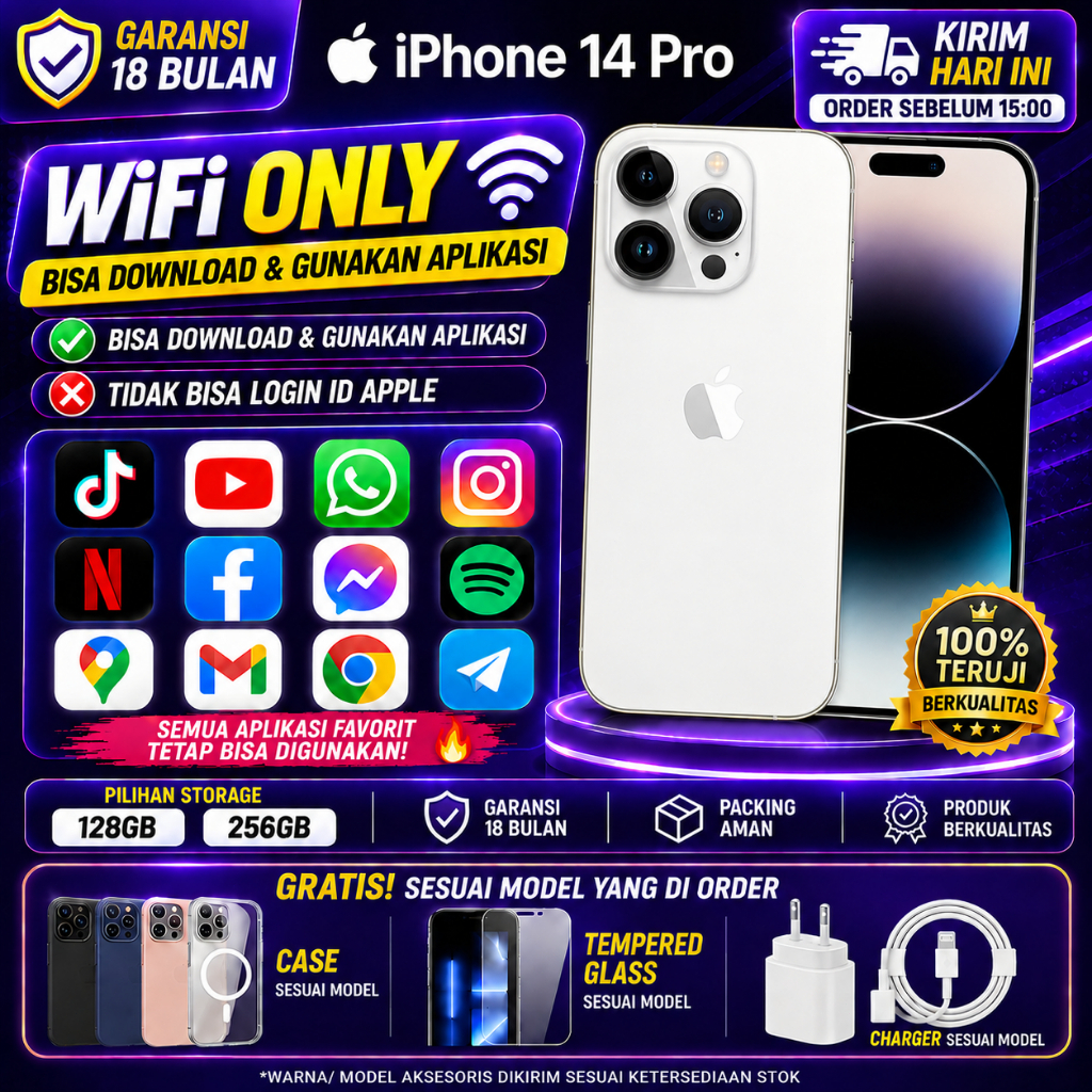 iPhone 14 Pro 128GB 256GB WiFi ONLY 6.1Inches Bekas Second Original Mulus Fullset Hp Cocok Gaming & 