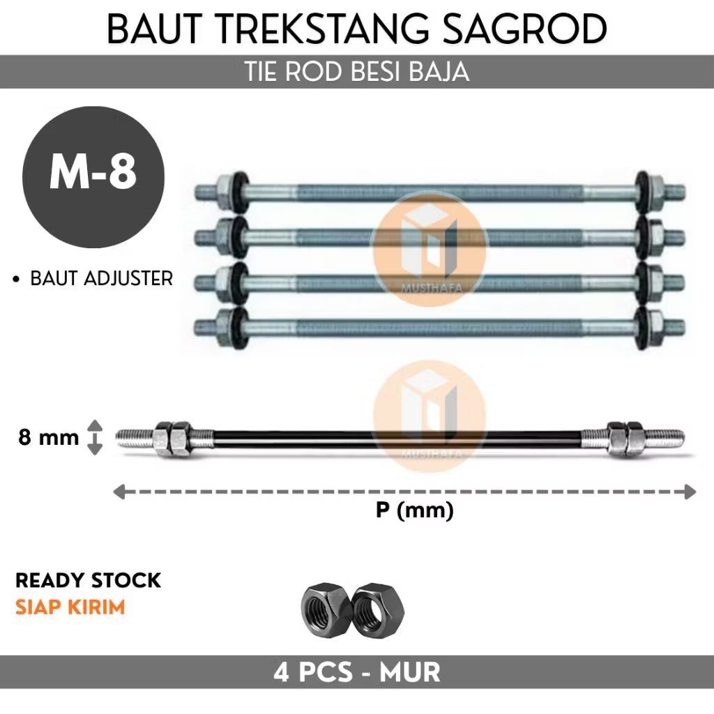 Baut Trekstang Sagrod Besi Baja M8 tierod terot As Drat