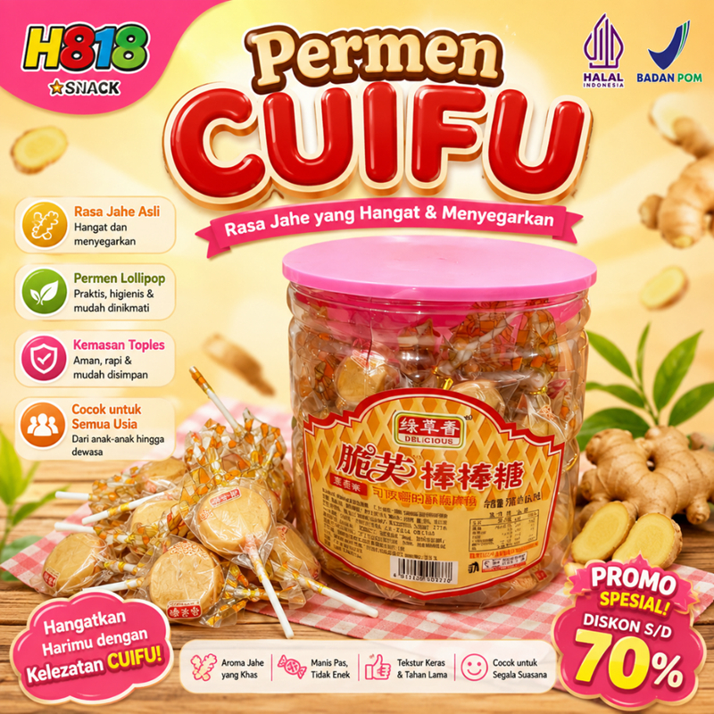 Permen Lolipop Cuifu Dellicious 1Toples isi 15pcs Rasa Berpadu Aroma Gandum Kacang Jahe Tekstur Kris