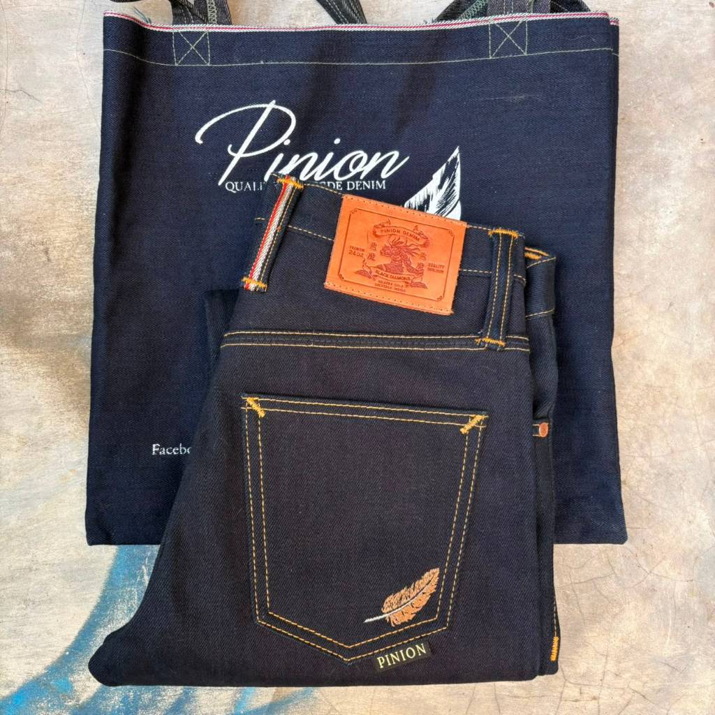 PINION DENIM 24oz BLACK DIAMOND INDIGO x DARK BROWN - NOT WINGMAN, SAGE DENIM, CASEY, WARPWEFT