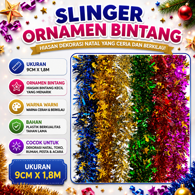 Slinger Ornamen Bintang , slinger Warna Warni, Hiasan Dekorasi,slinger dekorasi natal, slinger hiasa