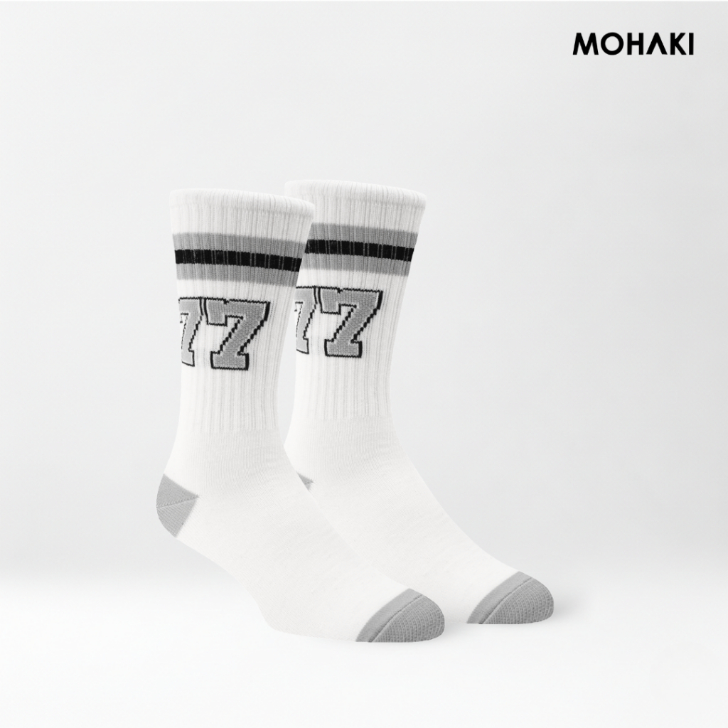 MOHAKI - Kaos Kaki Oldschooll Strip 77 Putih  Panjang Sebetis Dewasa