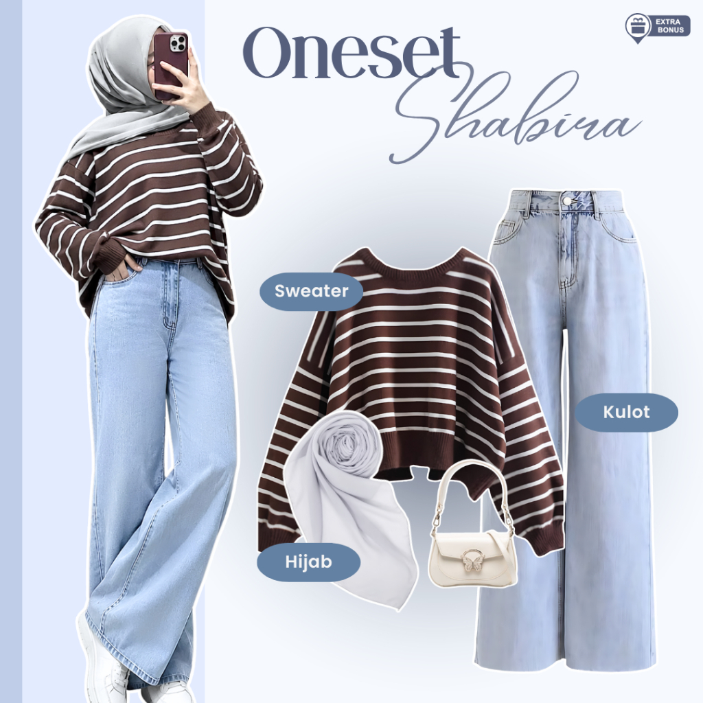 Oneset One set 3in1 setelan wanita sweater switer creneck shabira rajut kancing belakang stripe salu