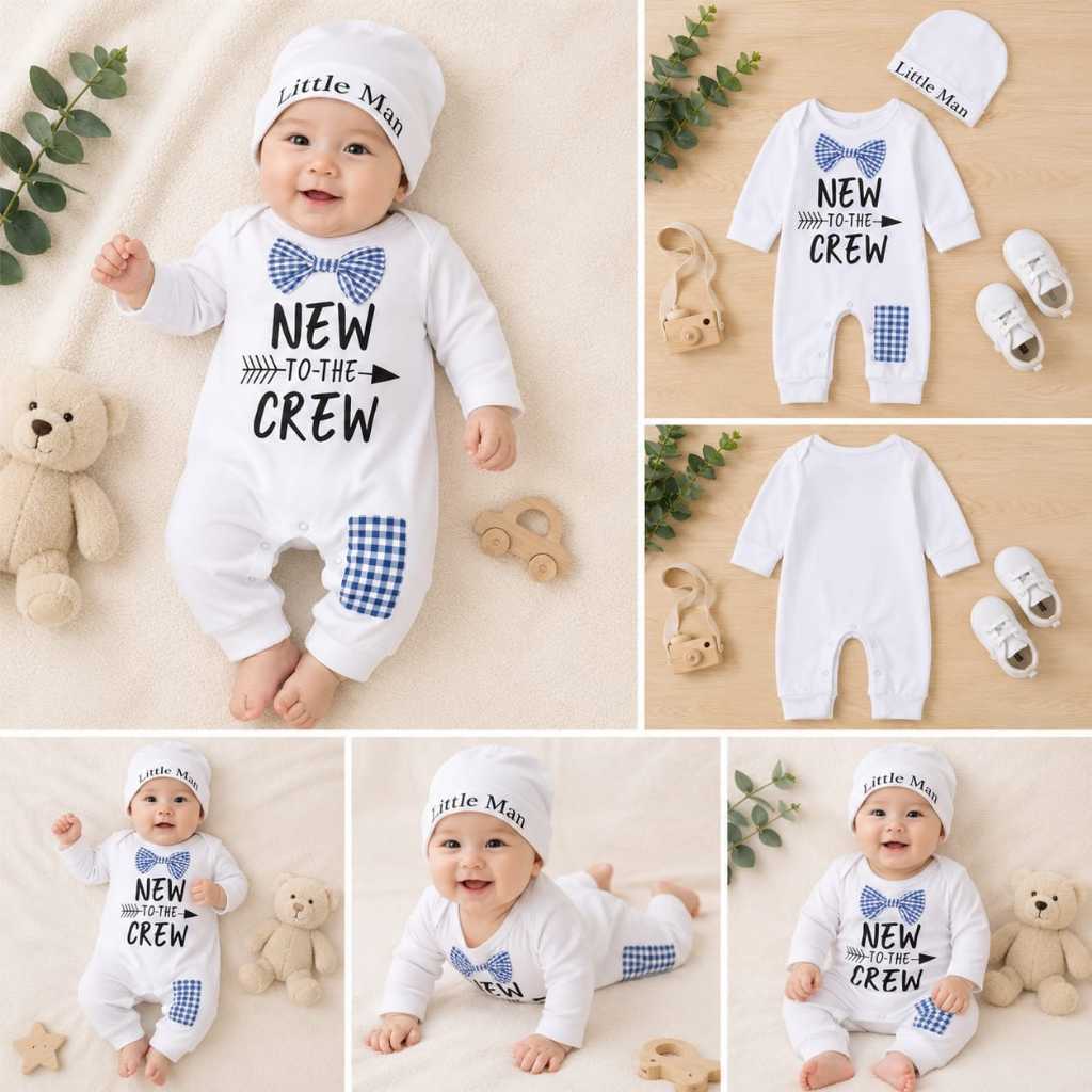 Baju Bayi Laki-Laki New To The Crew | Jumper Bayi Lengan Panjang Motif Bowtie Lucu | baju bayi laki 