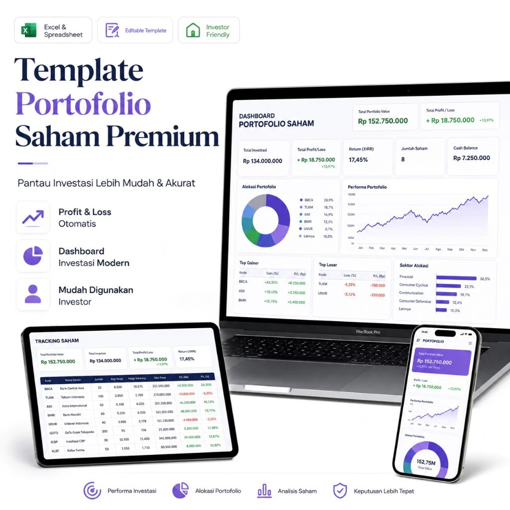 Template Portofolio Saham Excel Premium - Pantau Investasi, Profit Loss & Analisis Saham | Dashboard