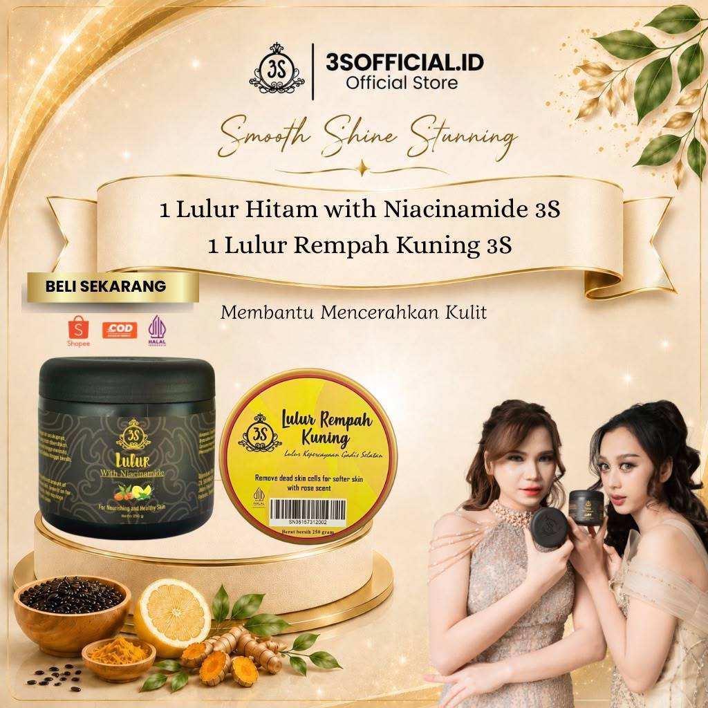1 Lulur Hitam 3S New Formula With Niacinamide + 1 Lulur Rempah Kuning 3S Mencerahkan Memudarkan Beka