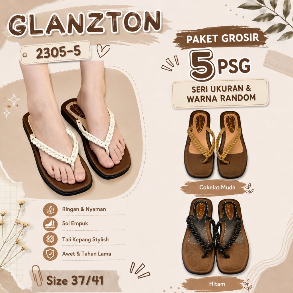 (BISA COD)Paket Grosir 5 Pasang Sandal Jepit Wanita GLANZTON 2305-5 Original | Sandal Wanita Tali Ke