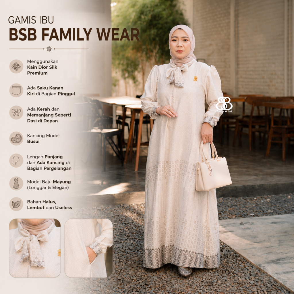 BSB Gamis Wanita Bahan Dior Silk Premium Dress Pesta Elegan Mewah Ready Warna Burgundy Cream Hitam S
