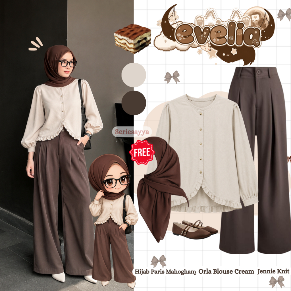 Evelia One Set Hijab Friendly Outfit Wanita Kekinian (Blouse + Celana Kulot + Hijab Paris) |77
