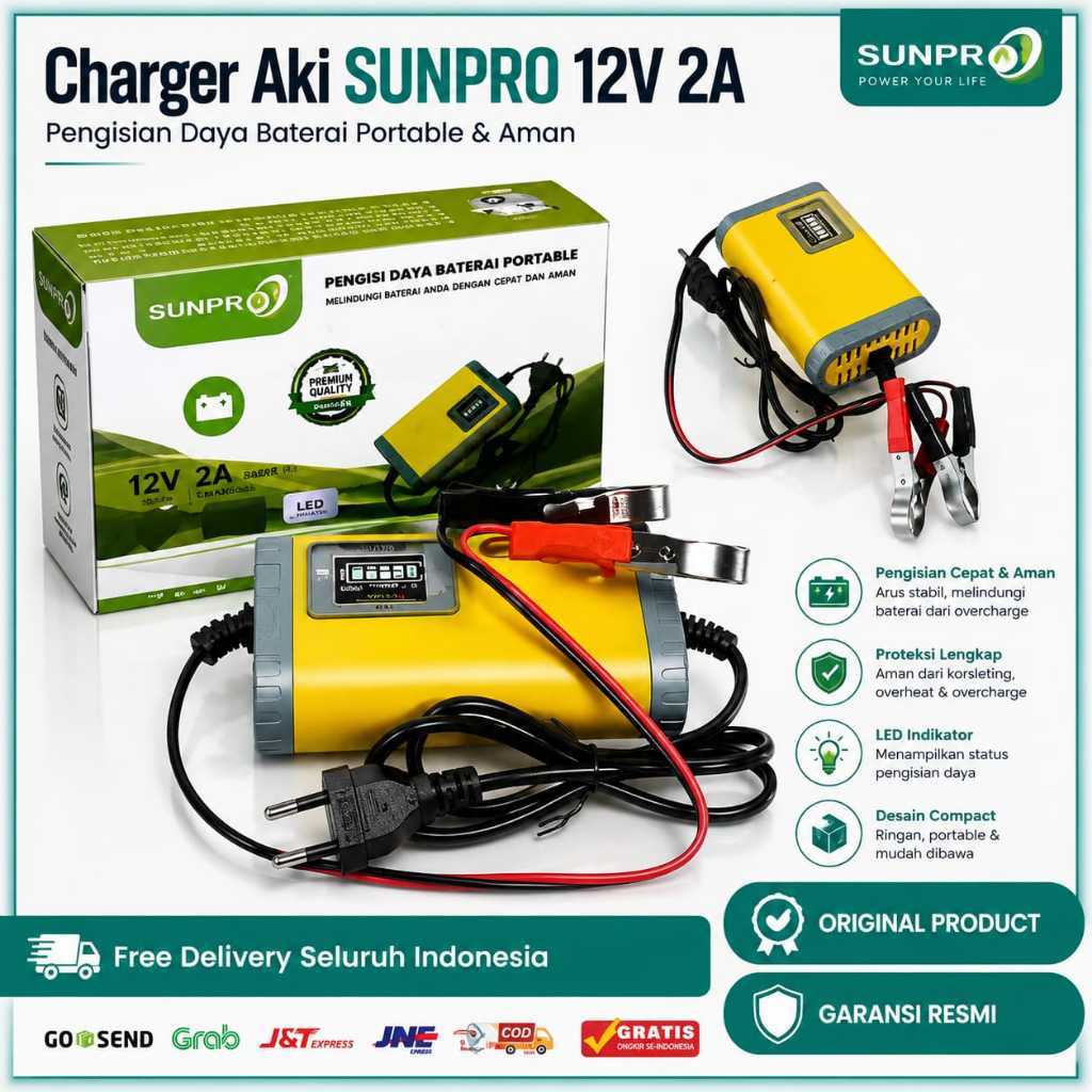 Charger Aki / Cas Aki Portable Sunpro 12V 2A Pengisian Daya Baterai Portable NEW