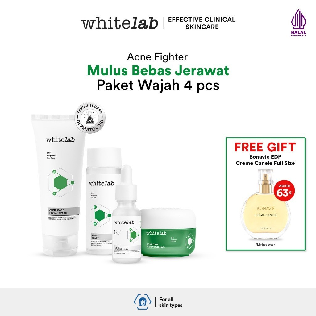Whitelab 4 pcs Paket Acne - Facial Wash, Toner, Serum, Moisturizer Paket Skincare