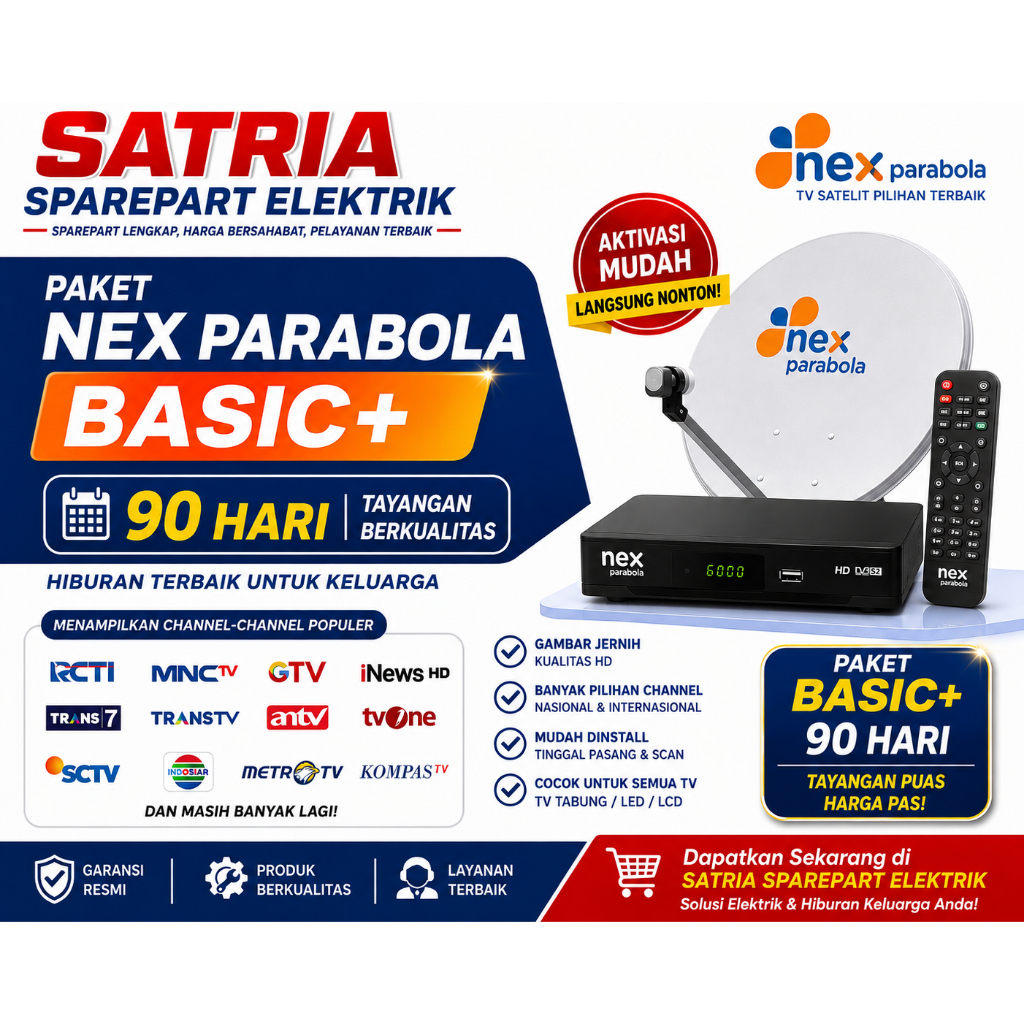 Paket Nex Parabola Basic + 90 Hari TV Satelit dengan Antena Parabola dan Set Top Box HD