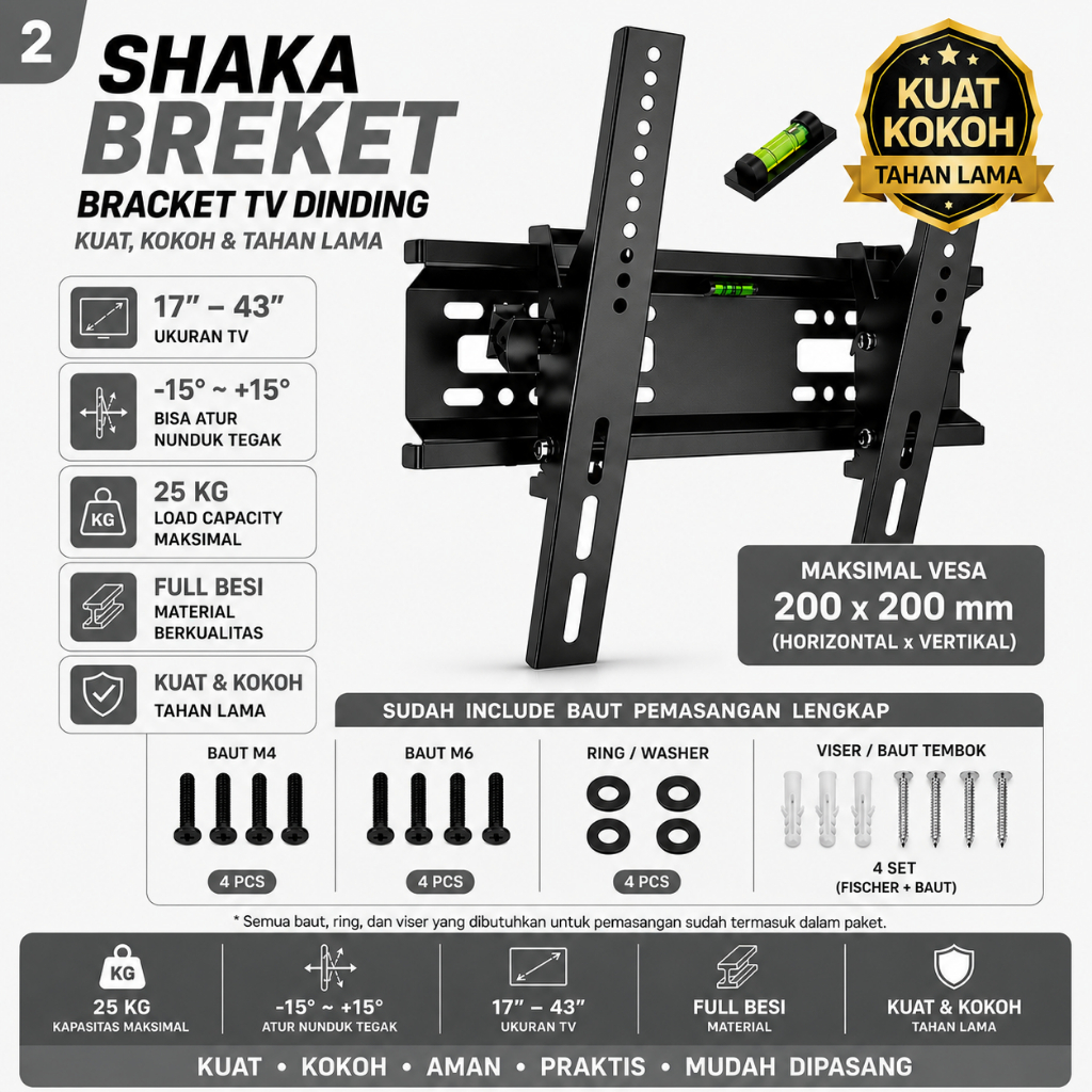 Bracket TV TCL 14–43 Inch Universal Wall Mount Full Besi Kuat & Kokoh Include Baut