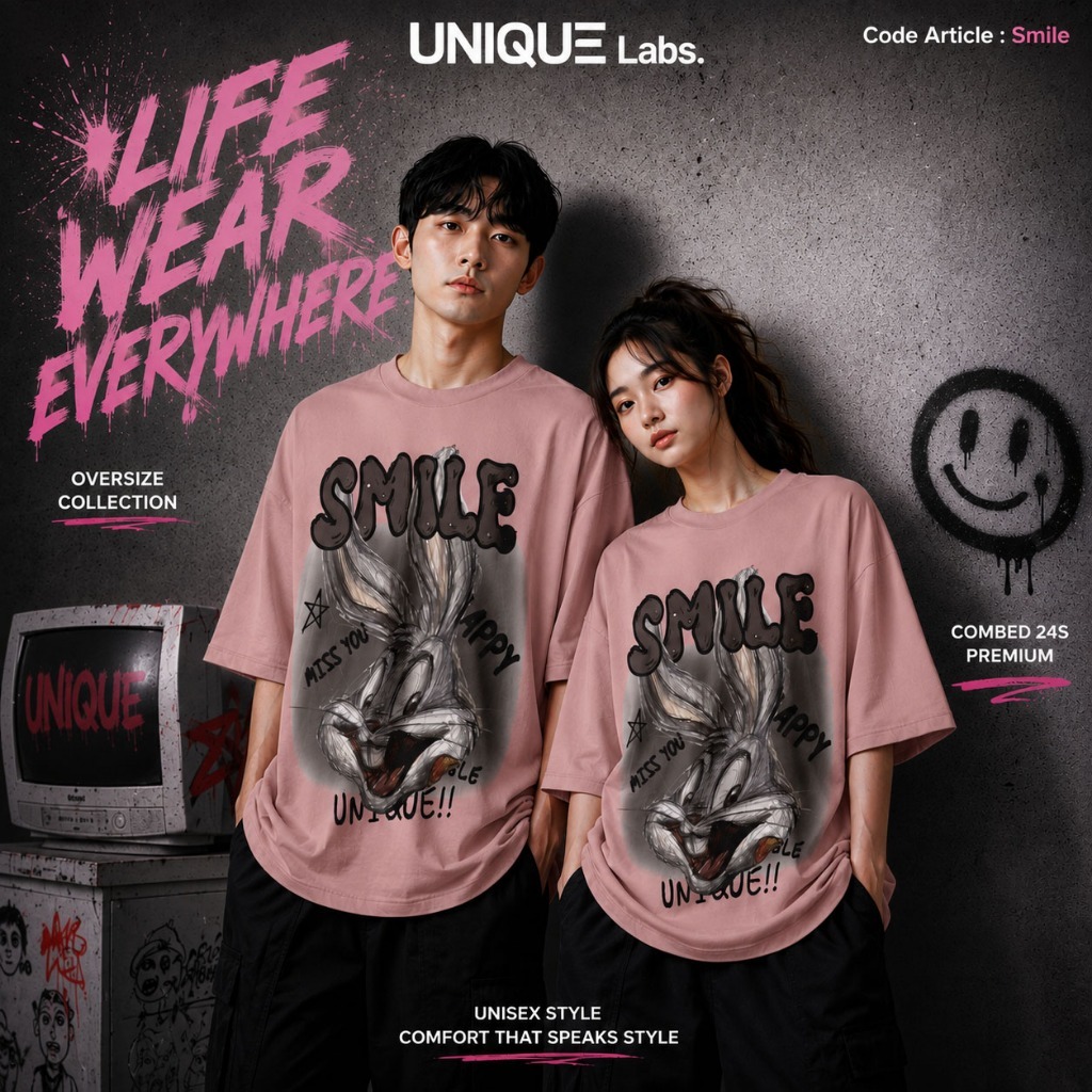 Kaos Oversize Unisex Smile Graphic Premium Cotton Combed 24s | Kaos Oversized Pria Wanita Casual Str