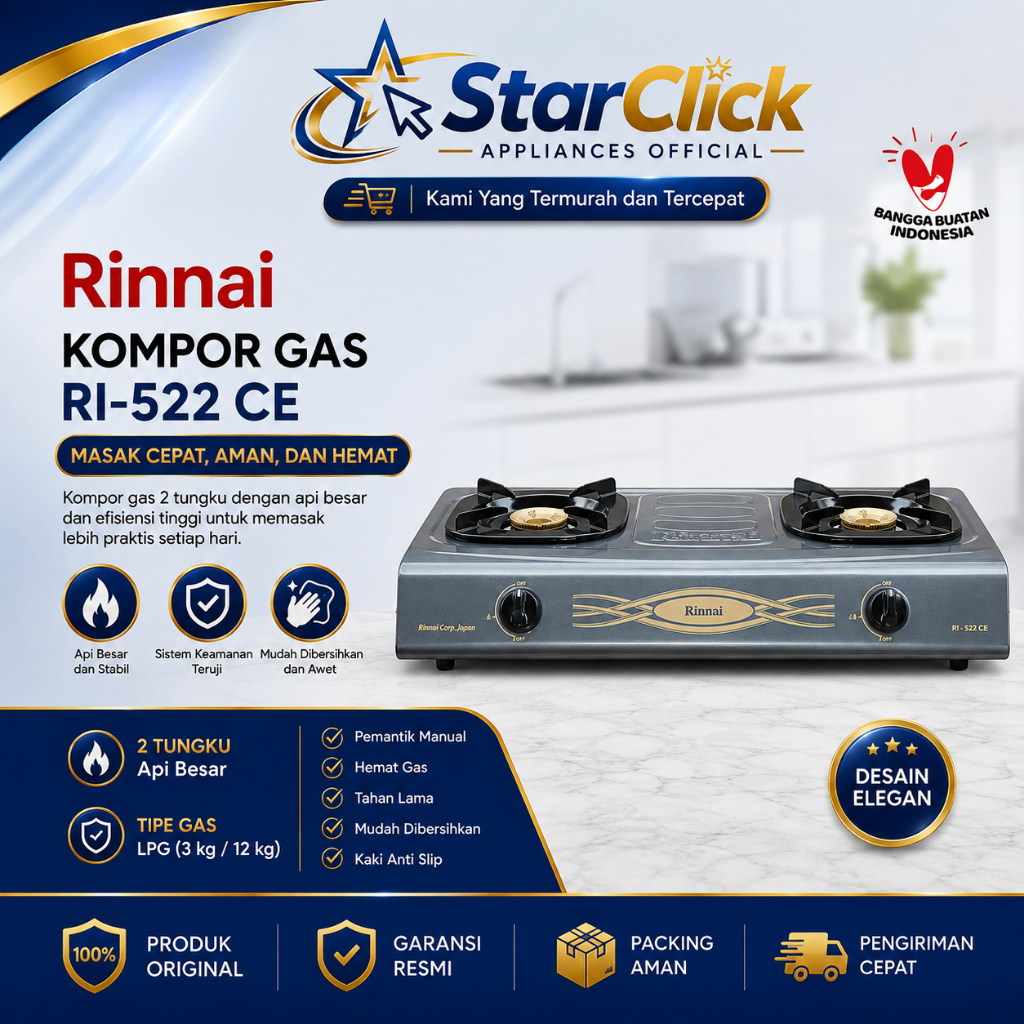RINNAI Kompor Gas RI-522 CE / RI 522 CE / RI522CE [2 Tungku] [Garansi Resmi]