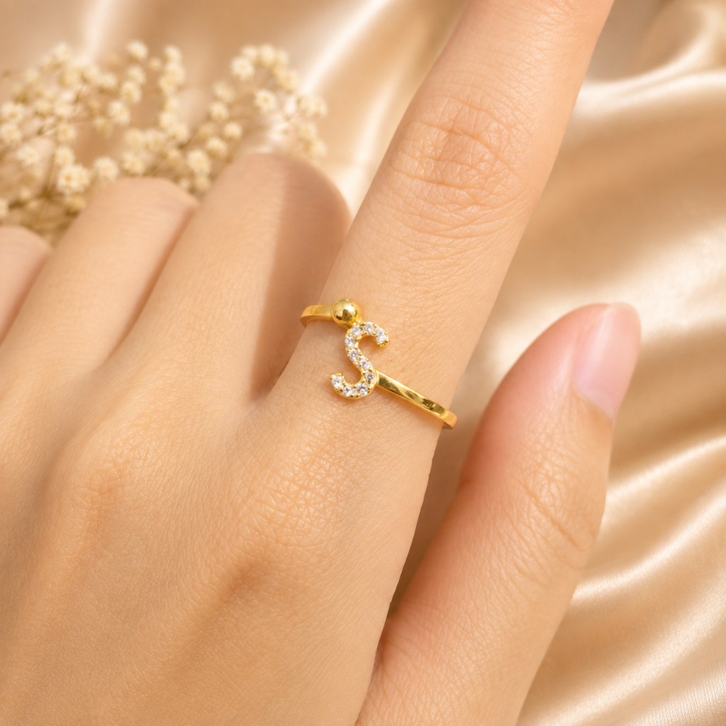 Cincin inisial huruf S permata elegant emas asli