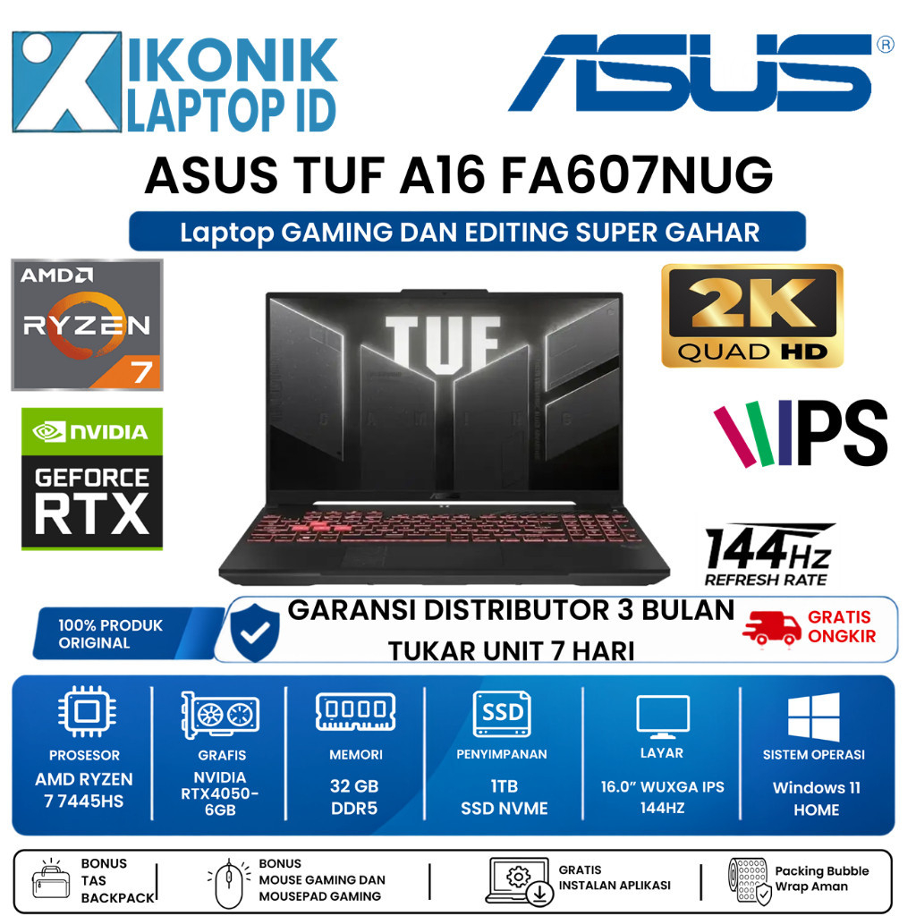 Laptop Gaming Asus Tuf Amd Ryzen 7 gen 7 RTX3050-RTX4050 Win11 original free instal Office