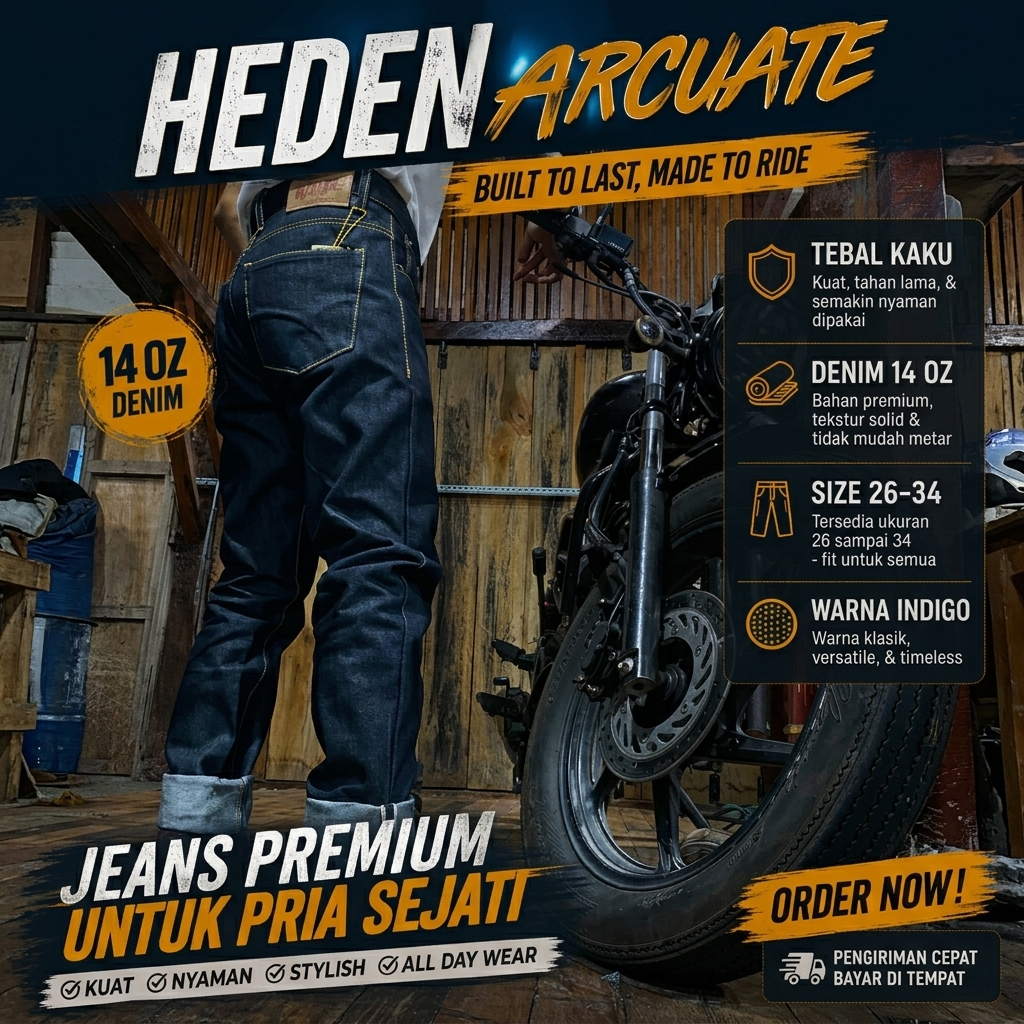 Celana Jeans Pria Heden Arcuate Denim 14 Oz Warna Indigo Size 26-34 Tebal Kaku