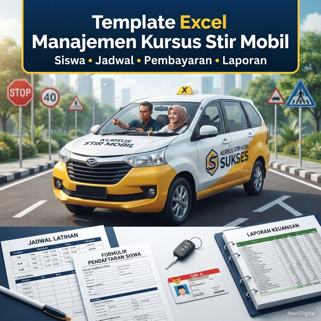 Template Excel Manajemen Kursus Stir Mobil | Siswa, Jadwal, Pembayaran & Laporan