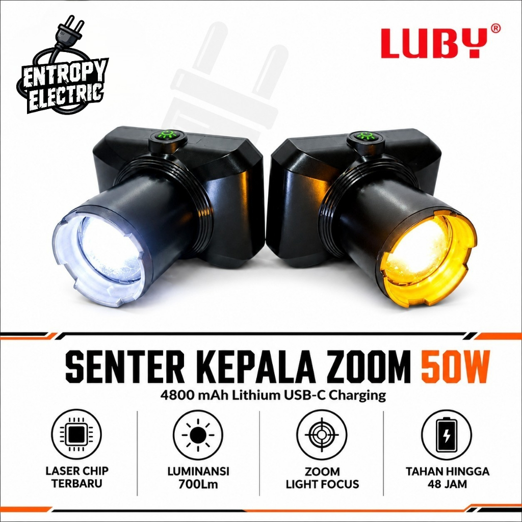Senter Kepala Zoom LUBY 50W 4800mAh Lithium USB-C -  Headlamp 700 Lumens Laser Chip Tahan 48 Jam