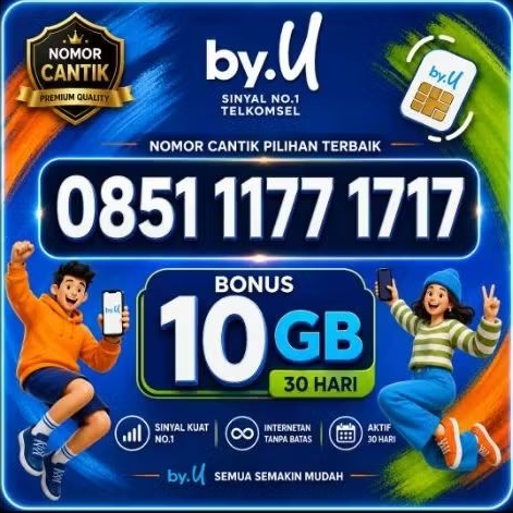 Nomor Cantik Super 1177 1717 Perdana Telkomsel BY.U kuota Bonus 10 GB [Segel] Belum Aktif Masa Aktif