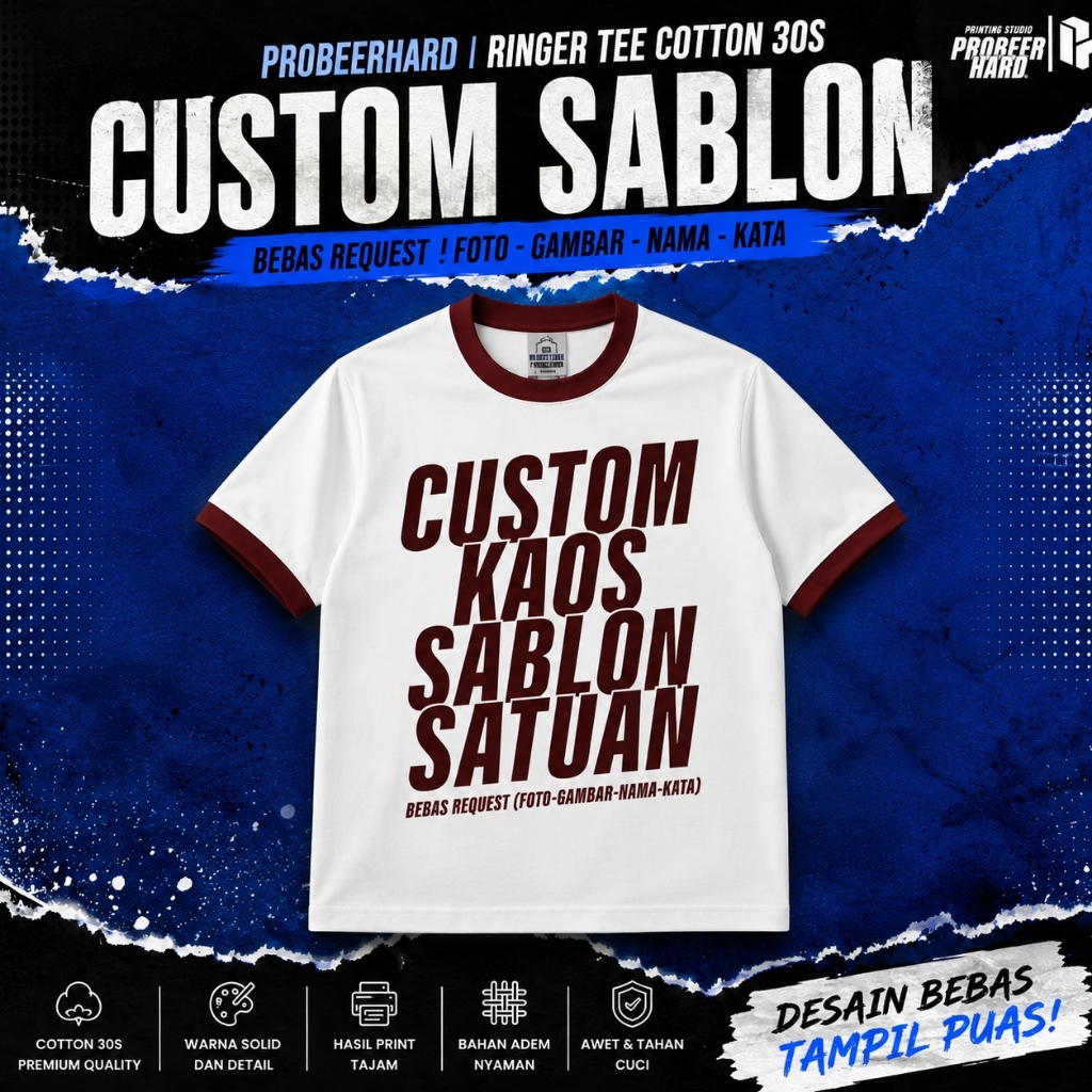 KAOS RINGER TEE - CUSTOM SABLON SATUAN (SABLON 1 SISI) BEBAS REQUEST DESIGN - SABLON DTF