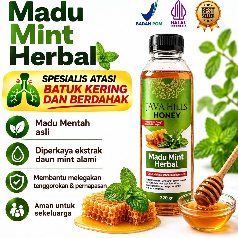 Madu mint batuk berdahak dan kering kronis asma sesak napas mengencerkan dahak java hills 320gr