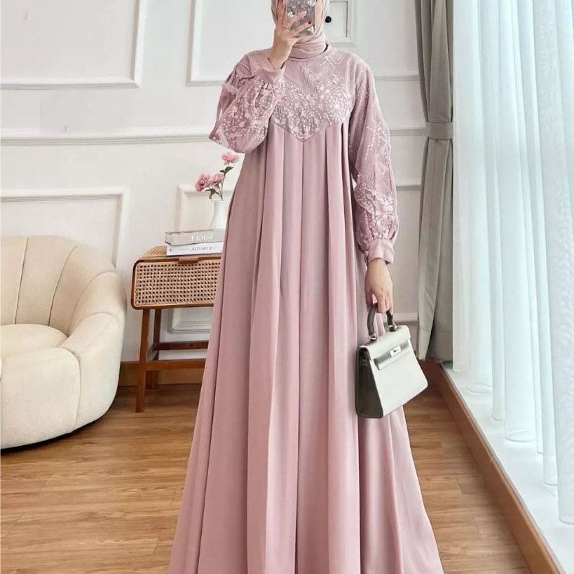 Aghnia Maxy Gamis Brokat Wanita Jumbo Ceruty Model Trendy Elegan Busui Frendly