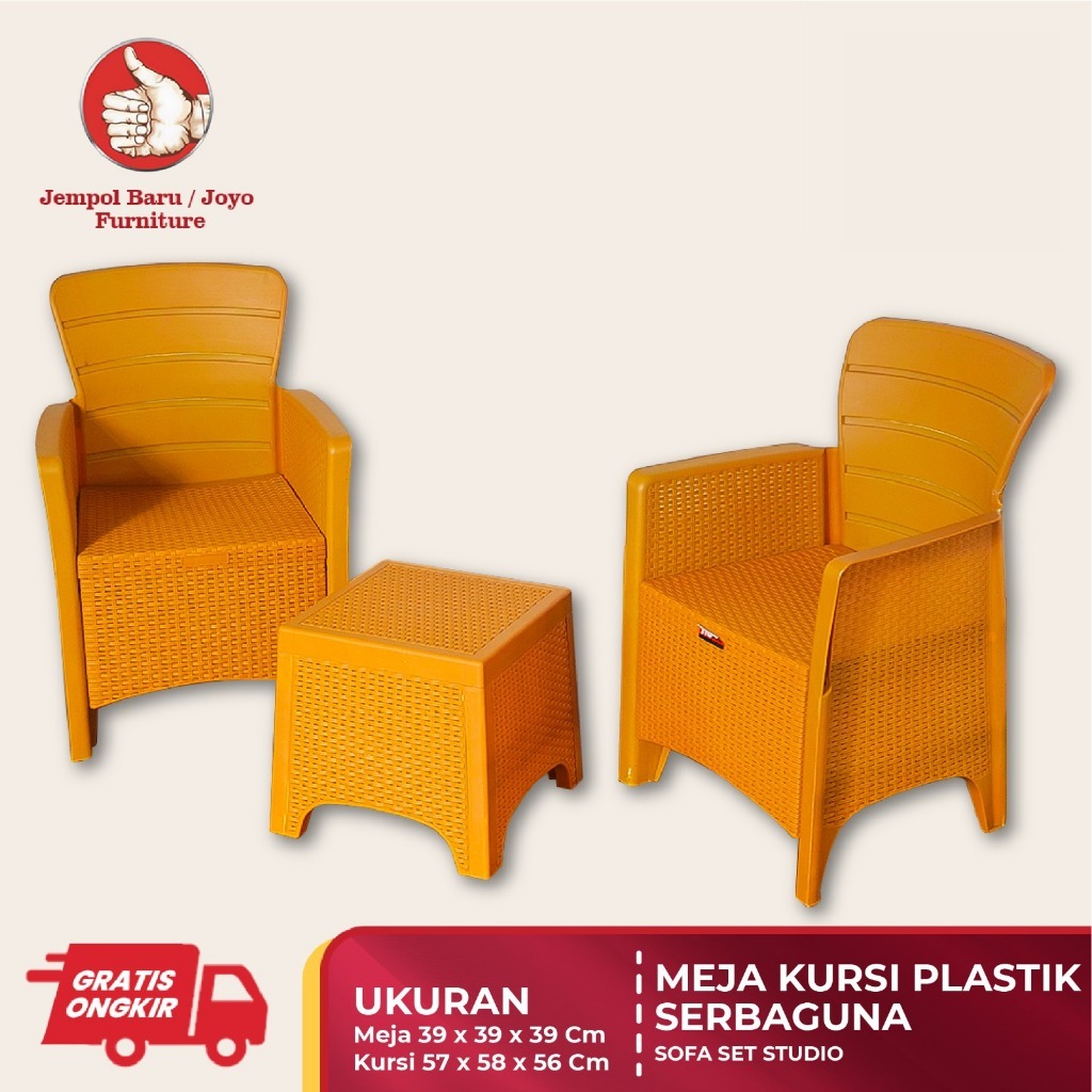 JEMPOL FURNITURE || Studioplast Sofa Set 2 Kursi + 1 Meja – Set Kursi Teras Minimalis Anyaman Plasti
