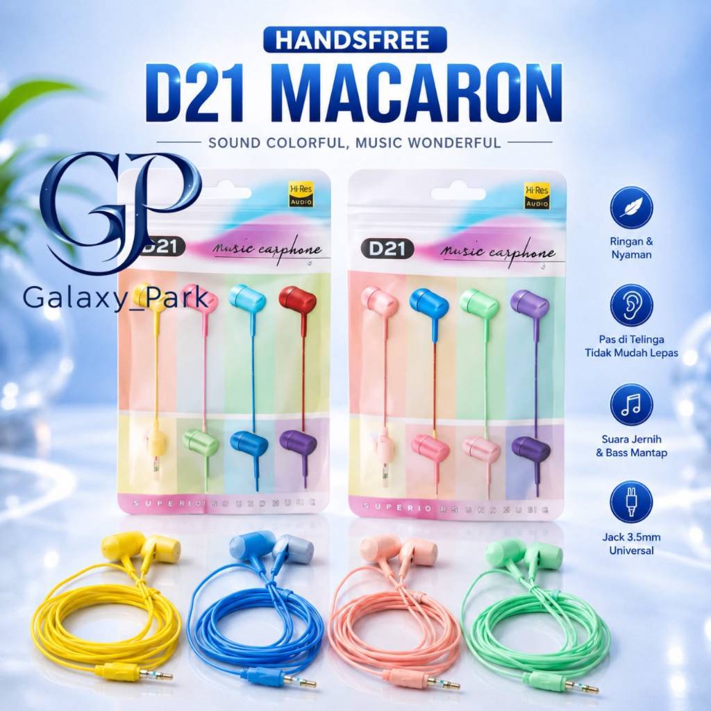 Handsfree Earphone Headset D21 Macaron With Mic Packing Klip Plastik [GLX]