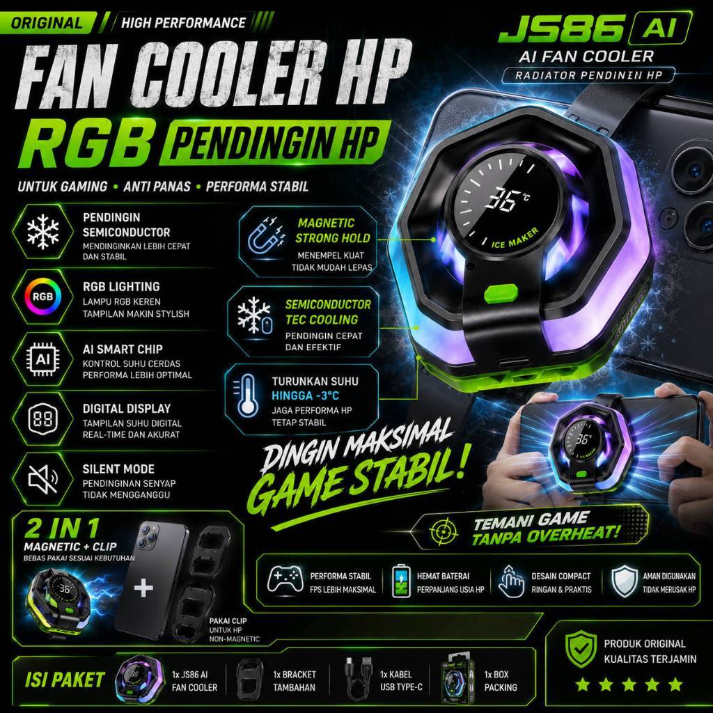 Fan Cooler HP RGB Pendingin HP Gaming / Funcooler JS86 Ai Fan Cooler Radiator Pendingin HP