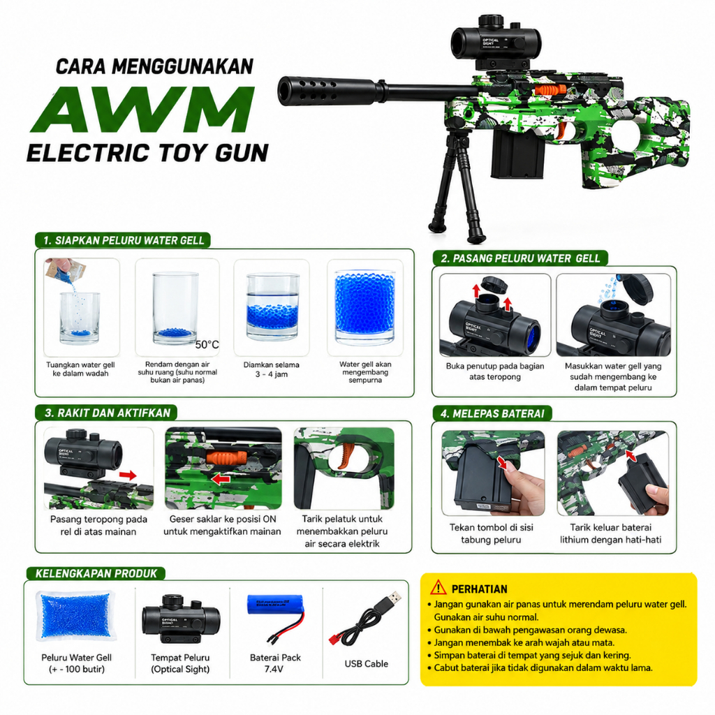 Mainan Tembakan Senapan AWM Elektrik Peluru Gel Baterai Cas Recharge Water Gel Gun Sniper Sniper Rif