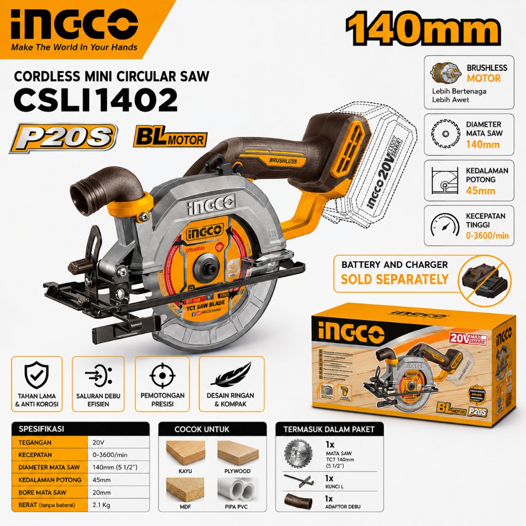 INGCO CSLI1402 CORDLESS BATERAI CIRCULAR SAW BLADE MINI 5" 20V UNIT INGCO Circular Saw Cordless Brus