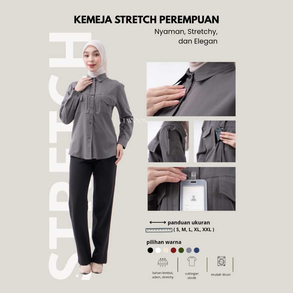 Twoon - Kemeja Lengan Panjang Stretch Abu Wanita | kemeja kerja | kemeja wanita