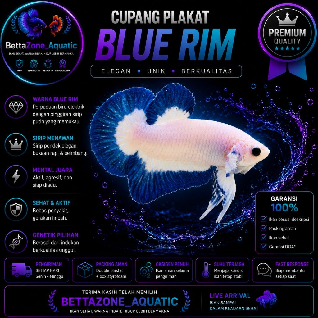 Cupang Plakat Blue Rim Jantan - Body Putih Sirip Biru - Ikan Cupang Hias